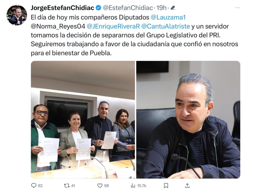 Cinco integrantes del grupo parlamentario del PRI en el Congreso de Puebla renunciaron a éste y mostraron inconformidad con la alianza con el Partido Acción Nacional (PAN).