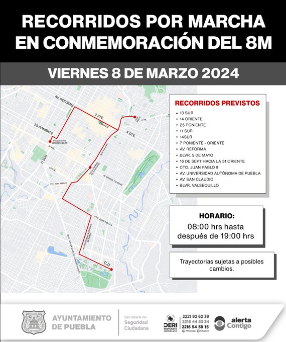 ¿Por dónde pasarán las marchas del 8M en Puebla? Aquí la lista de cierres viales