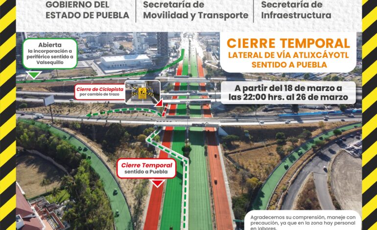 El 18 de marzo  inicia el cierre temporal en la lateral de Vía Atlixcáyotl sentido a Puebla