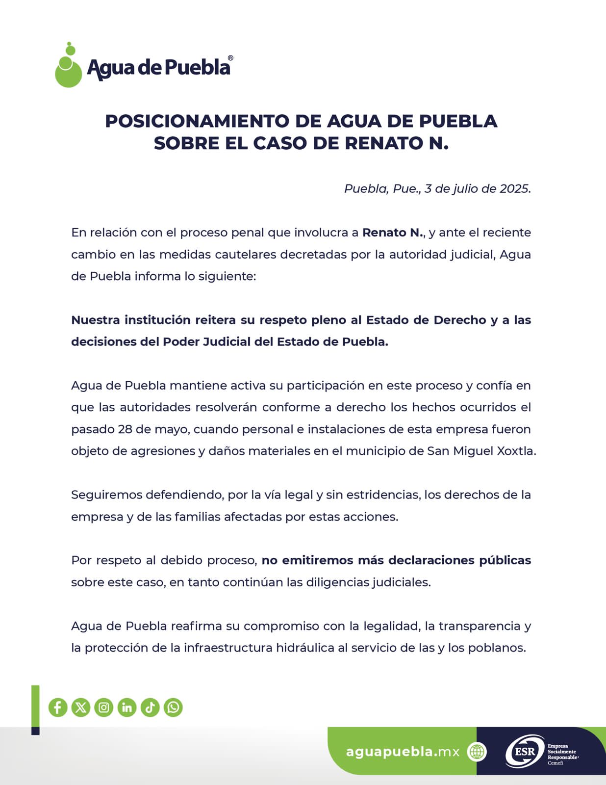 Agua de Puebla continuará proceso legal contra Renato N., pese a cambio de medidas cautelares