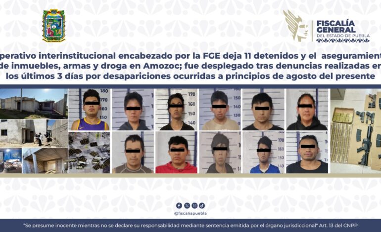 Operativo en Amozoc deja 11 detenidos, armas, droga e inmuebles asegurados
