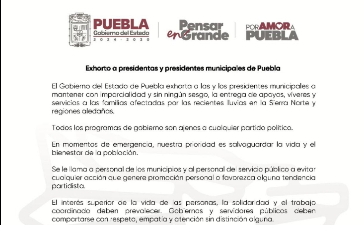 Armenta llama a alcaldes a mantener imparcialidad en la entrega de apoyos tras lluvias en Puebla