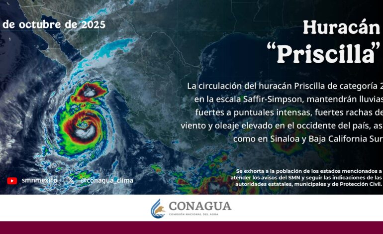 Huracán “Priscilla” provoca lluvias intensas en gran parte del país; Puebla entre los estados afectados