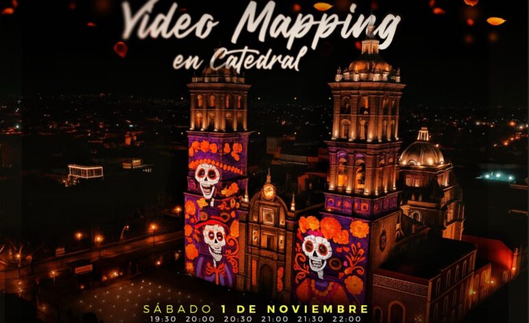 La Catedral de Puebla se ilumina con tradición: videomapping celebra el Día de Muertos