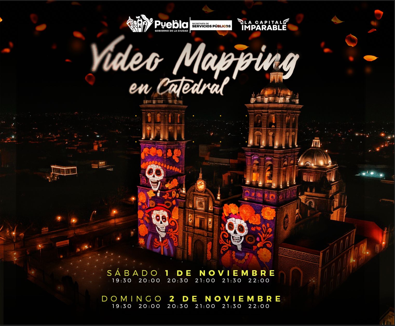 La Catedral de Puebla se ilumina con tradición: videomapping celebra el Día de Muertos