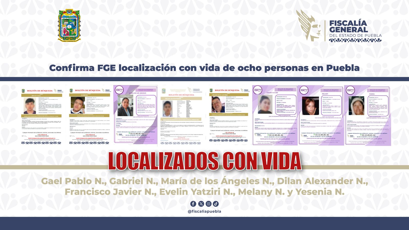 FGE localiza con vida a ocho personas reportadas como desaparecidas en Puebla