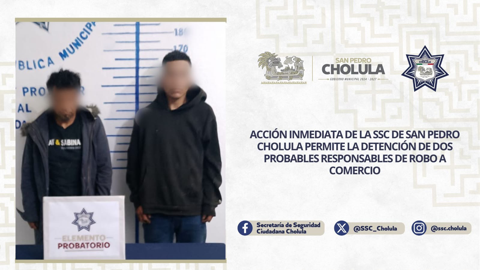 Caen dos presuntos responsables de robo a tienda en San Pedro Cholula