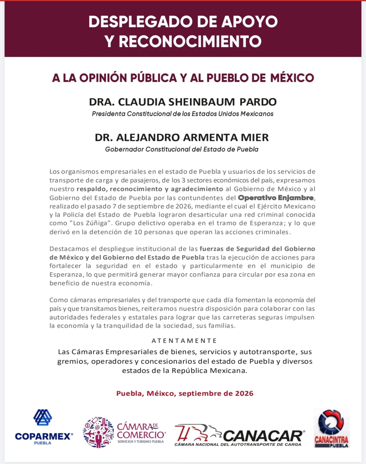 Empresariado poblano reconoce y respalda Operativo Enjambre