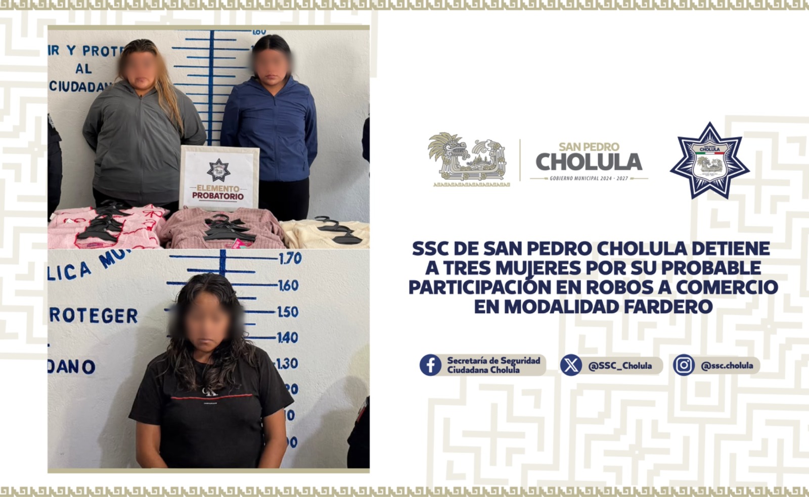 Cae trío de farderas tras atracar en Plaza San Diego y el centro de San Pedro Cholula